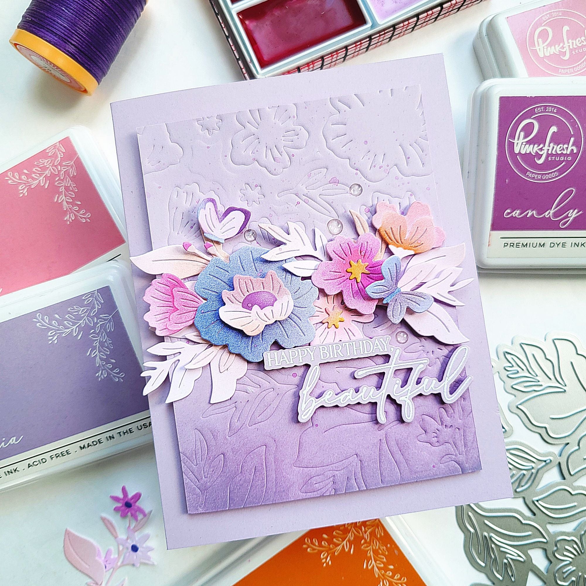Pinkfresh Studio Golden Poppies Stencils 321726 Happy Birthday Beautiful Card
