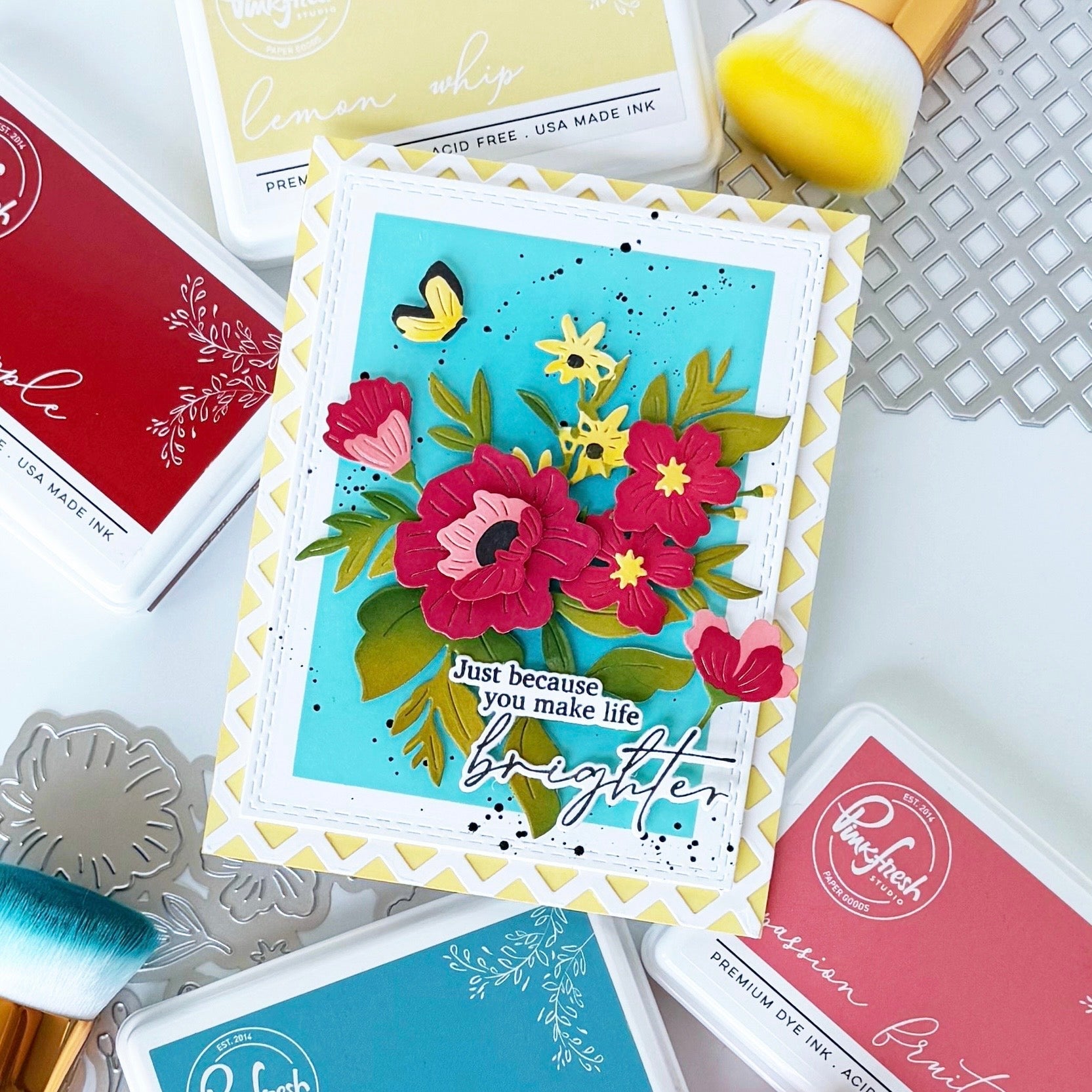 Pinkfresh Studio Golden Poppies Stencils 321726 Just Because You Make Life Brighter Card