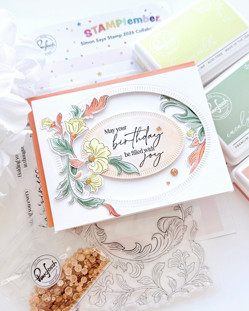Pinkfresh Studio Grace and Gratitude STAMPtember Exclusive Stamps Dies and Stencils Lush Floral Card Cheryl Espie