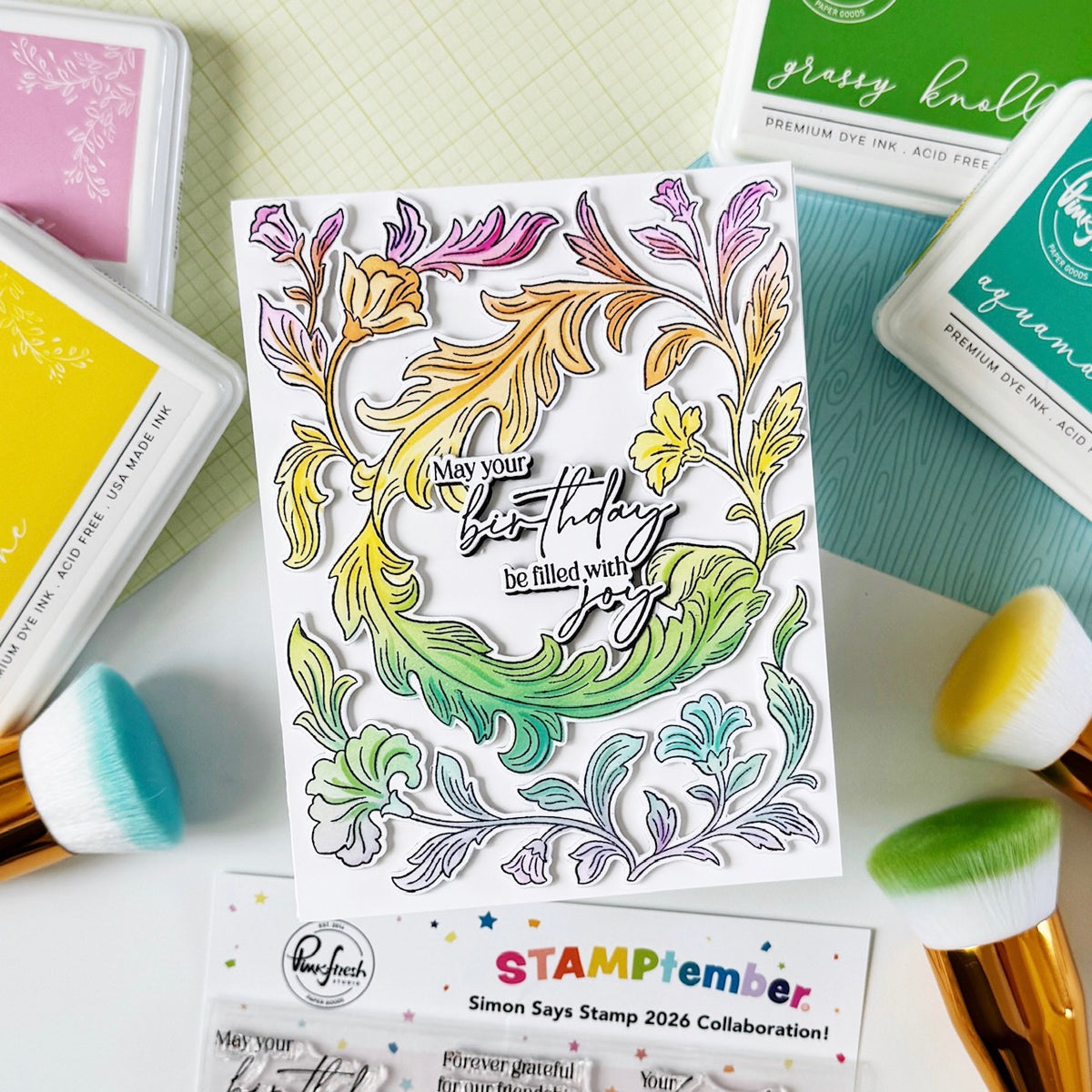 Pinkfresh Studio Grace and Gratitude STAMPtember Exclusive Stamps Dies and Stencils Lush Floral Card Dana Kirby