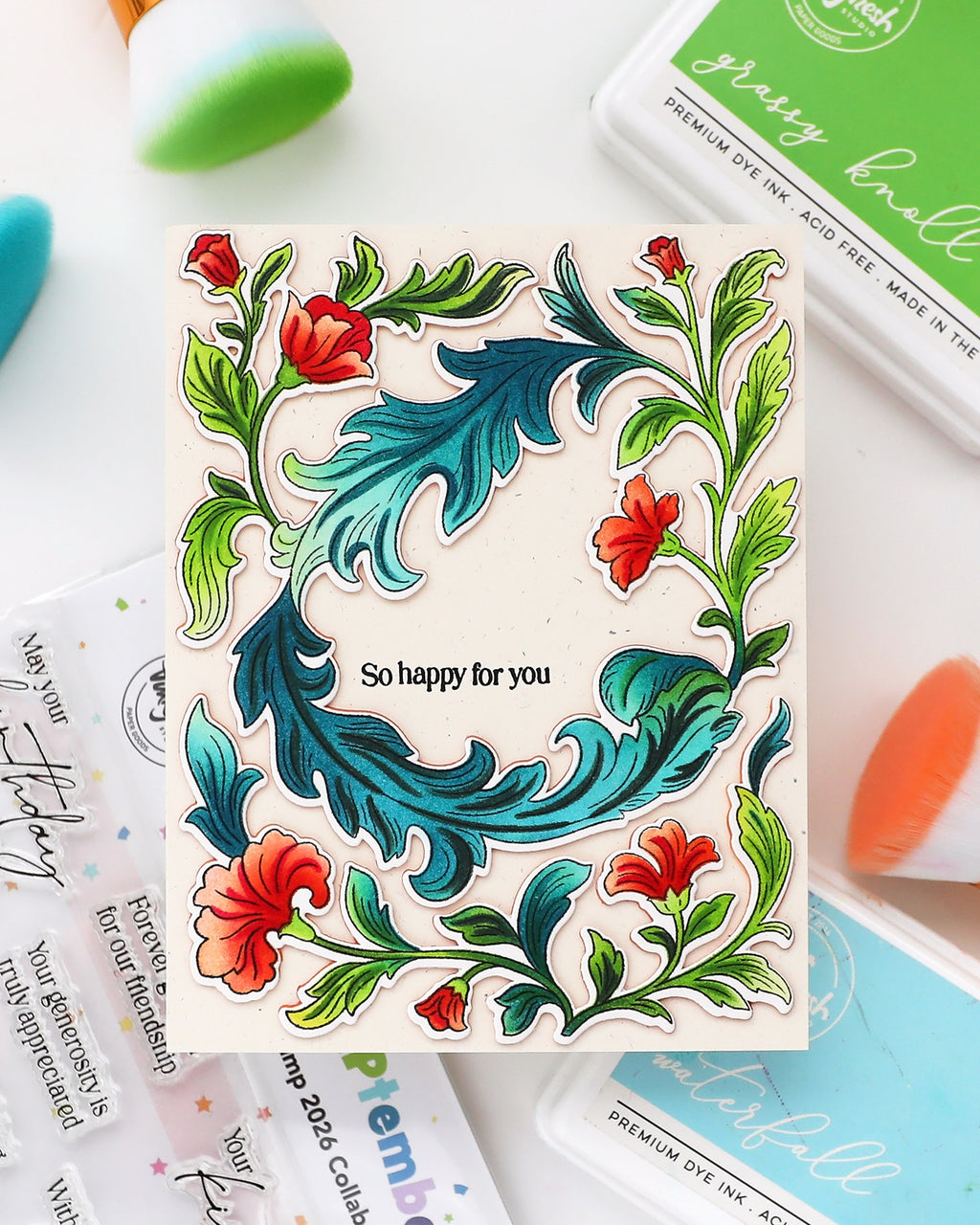 Pinkfresh Studio Grace and Gratitude STAMPtember Exclusive Stamps Dies and Stencils Lush Floral Card Isha Gupta