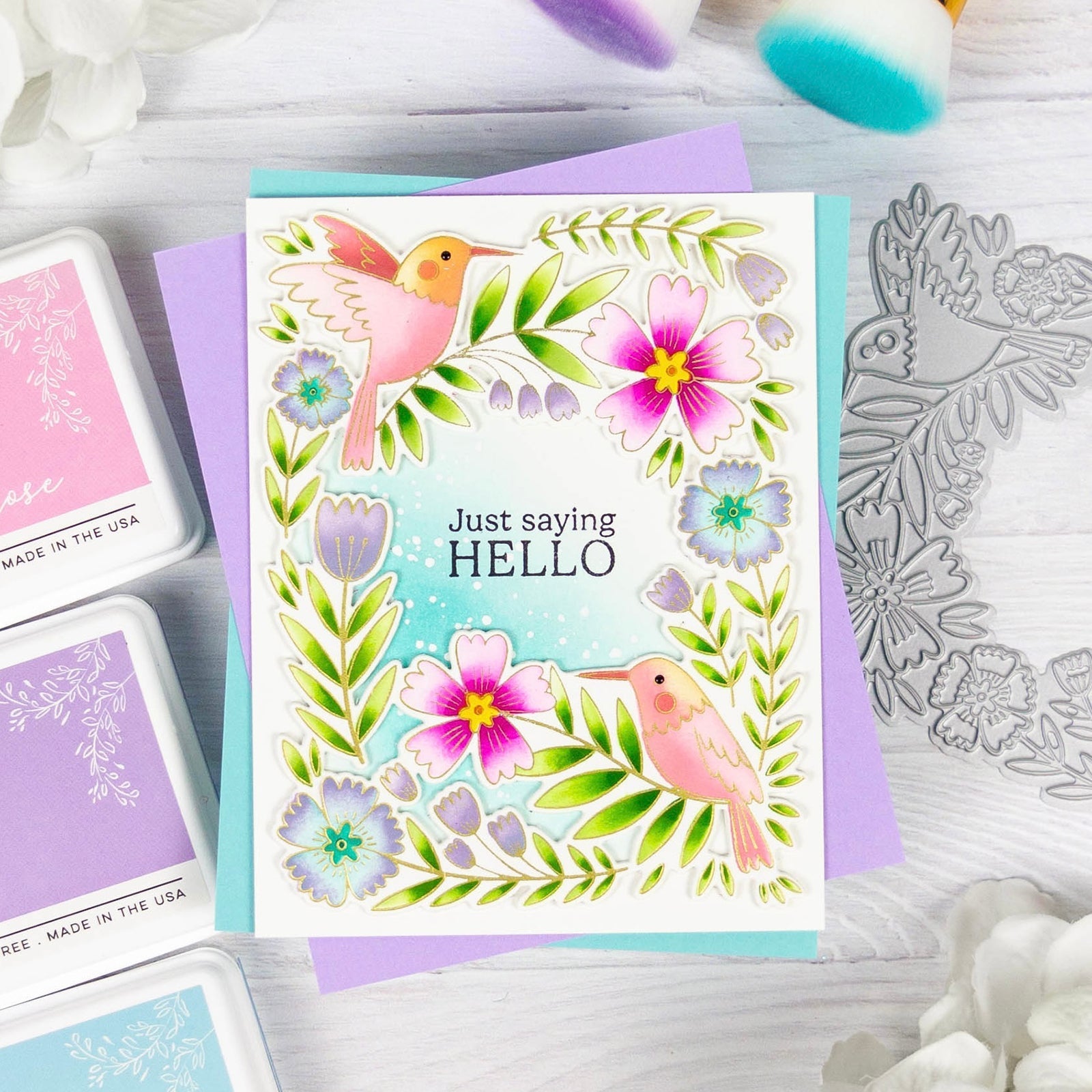 Pinkfresh Studio Happy Hummingbirds Press Plate 270925 Just Saying Hello Card