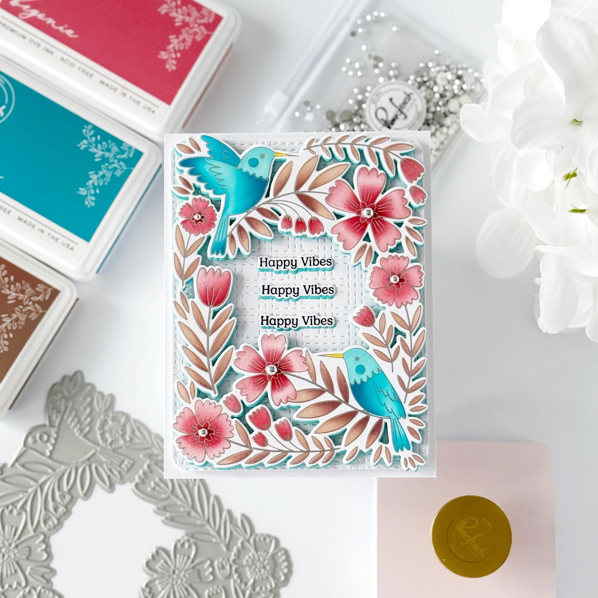 Pinkfresh Studio Happy Hummingbirds Press Plate 270925 Just Saying Hello Card Happy Vibes Card