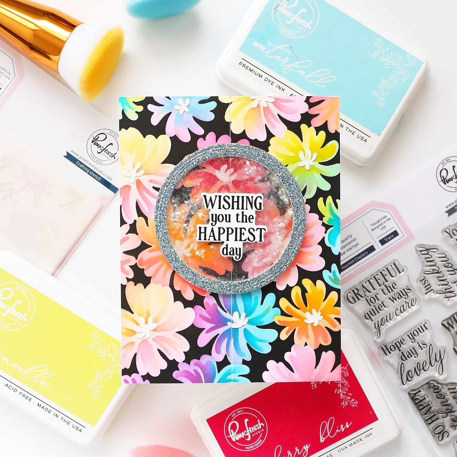Pinkfresh Studio Heartfelt Chapters Clear Stamps And Dies Bundle Wishing you the happiest day card