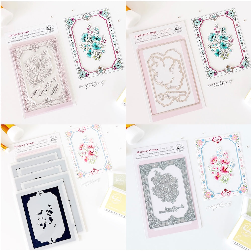 Pinkfresh Studio Heirloom Cottage Clear Stamps Dies Stencils And Press Plates Bundle