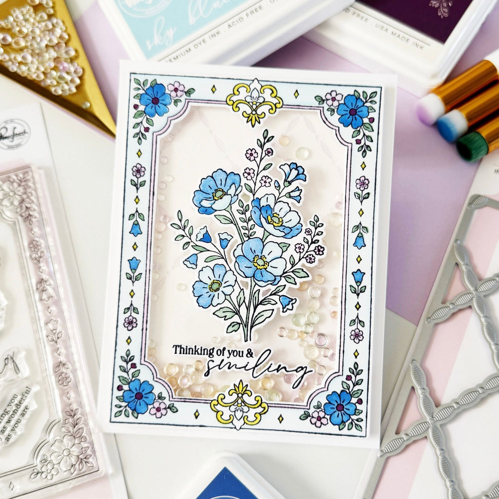 Pinkfresh Studio Heirloom Cottage Clear Stamps Dies Stencils And Press Plates Bundle Thinking Of You Card