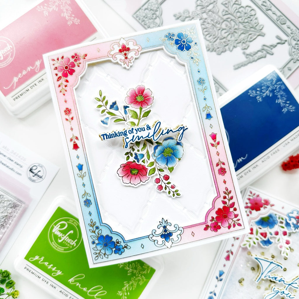 Pinkfresh Studio Heirloom Cottage Stencils 341626 Thinking Of You And Smiling Card