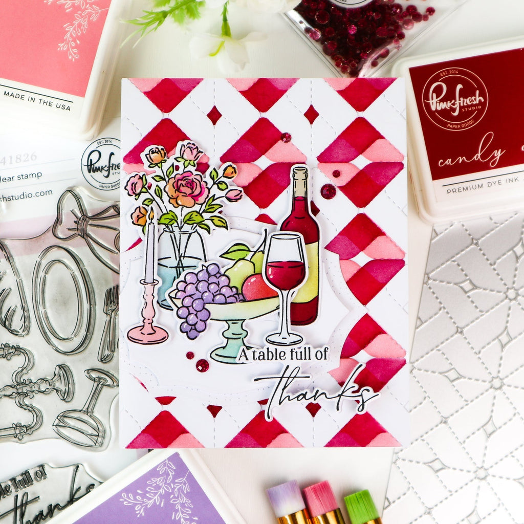 Pinkfresh Studio Heirloom Patchwork Coverplate Die And Stencils Bundle Table Full Of Thanks Card
