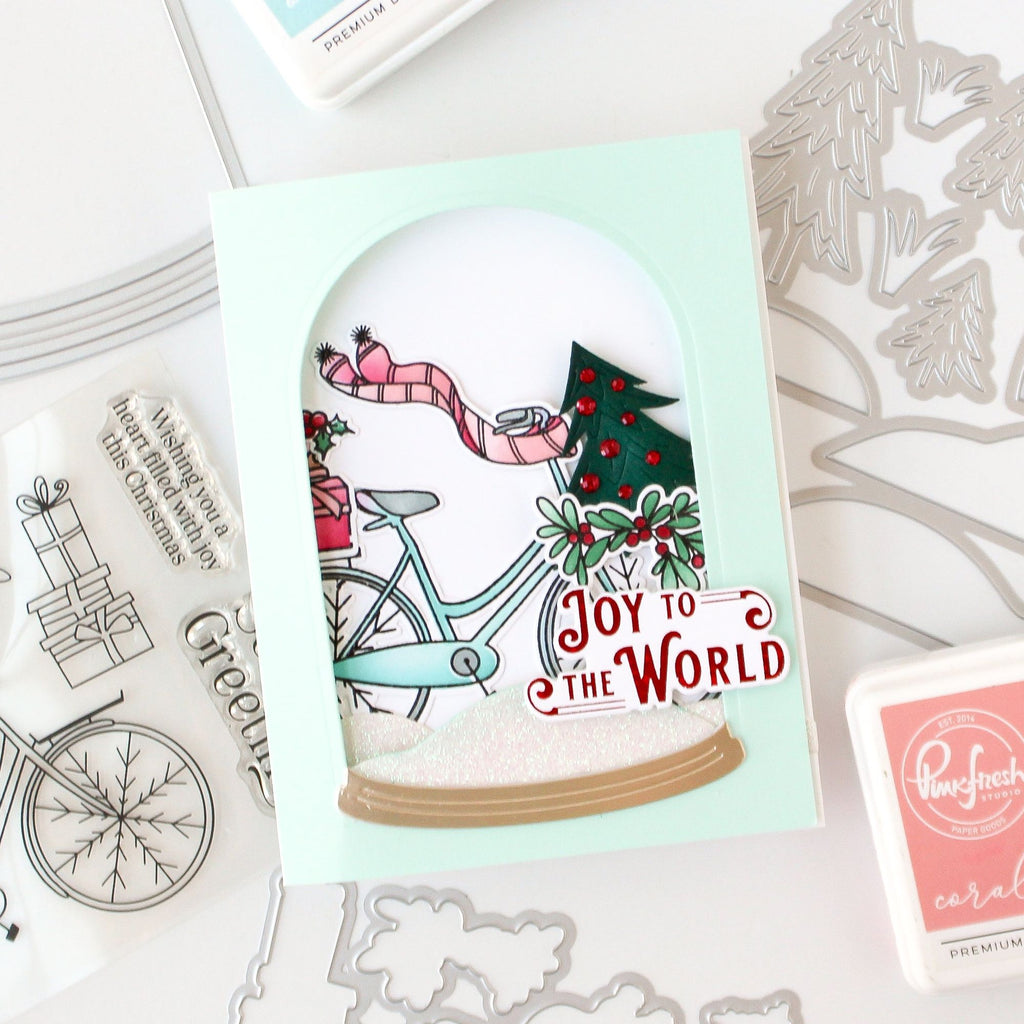 Pinkfresh Studio Holiday Bicycle Dies 254024 Joy To The World Christmas Card