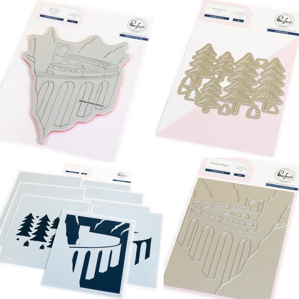 Pinkfresh Studio Holiday Express Cling Stamp Die Stencils And Press Plate Bundle