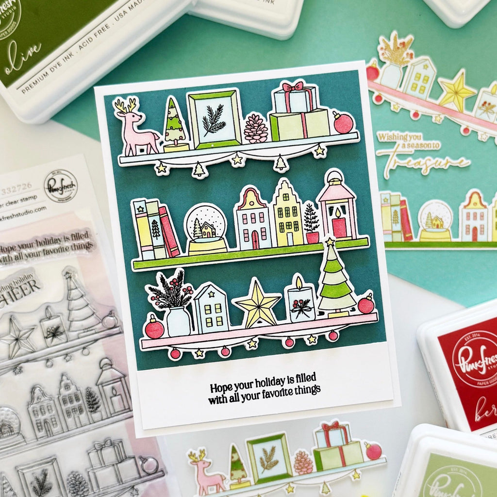 Pinkfresh Studio Holiday Treasures Clear Stamps Dies Stencils And Press Plates Bundle Hope Your Christmas Is Filled With All Your Favorite Things Card