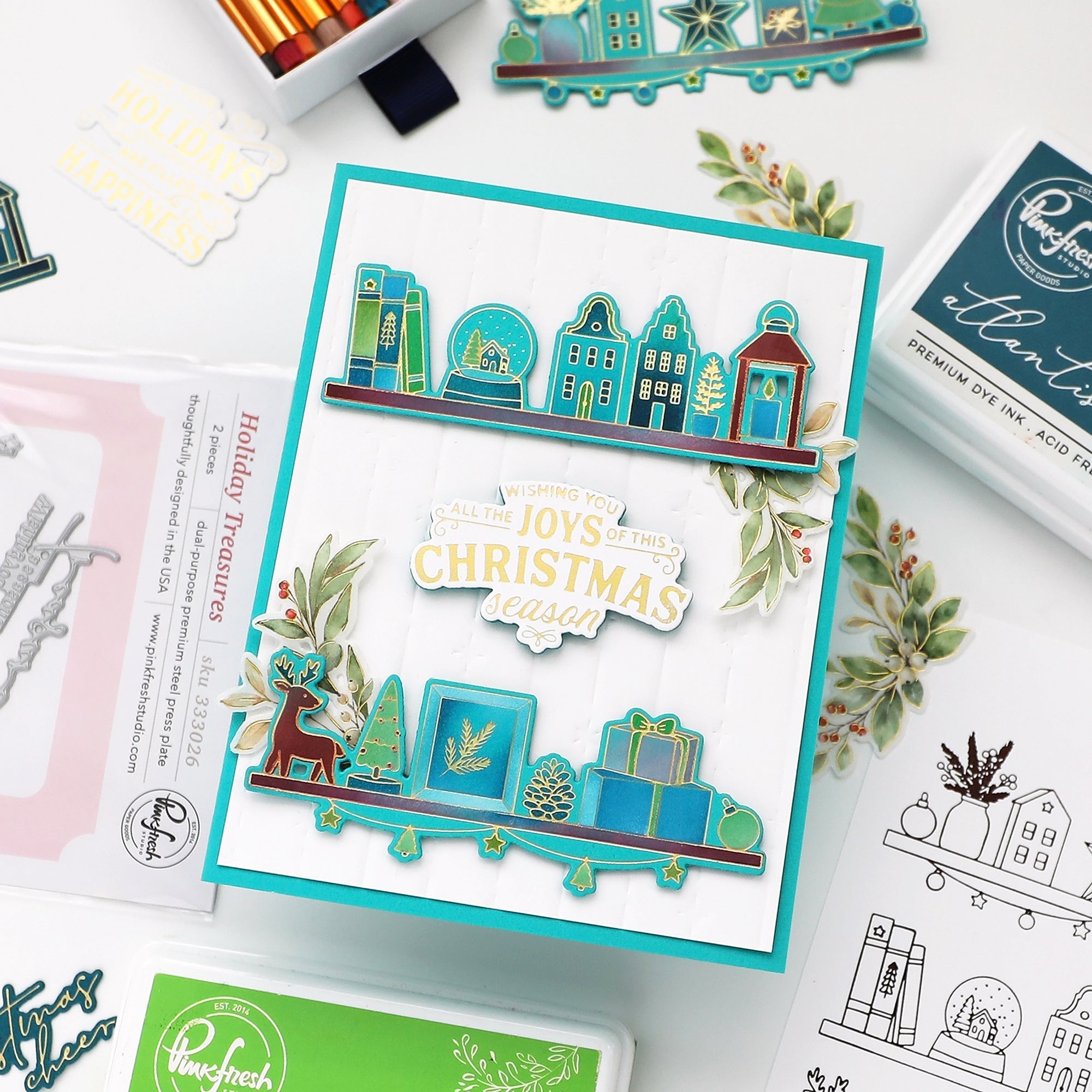 Pinkfresh Studio Holiday Treasures Clear Stamps Dies Stencils And Press Plates Bundle Joys Of Christmas Season Card