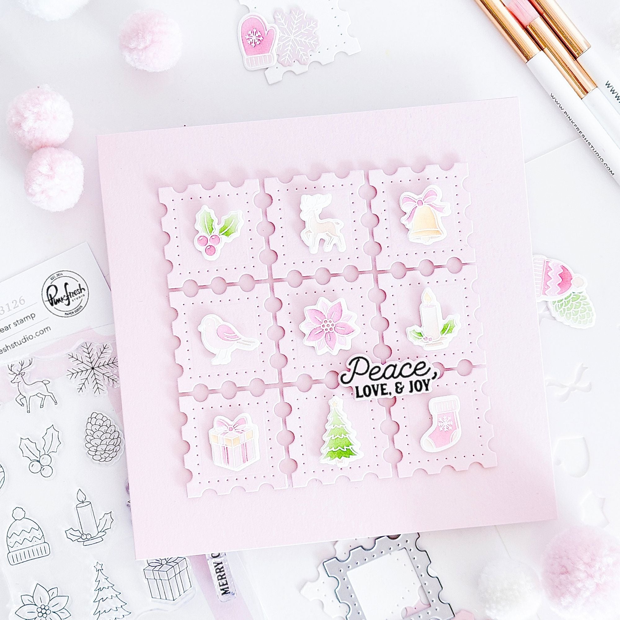 Pinkfresh Studio Holiday Treasures Dies 332826 Peace Love And Joy Card