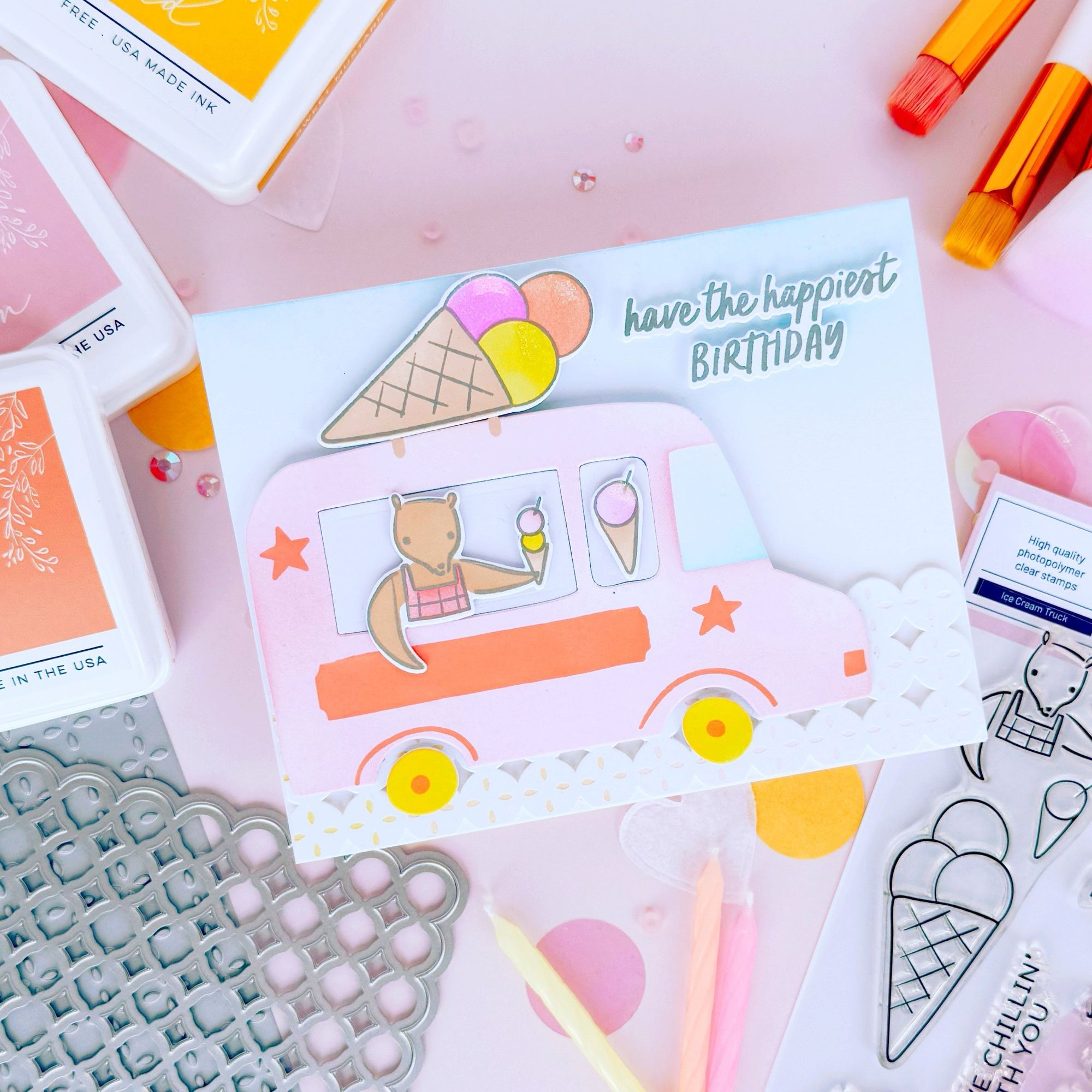 Pinkfresh Studio Ice Cream Truck Stencils 278725 Happy Birthday Card