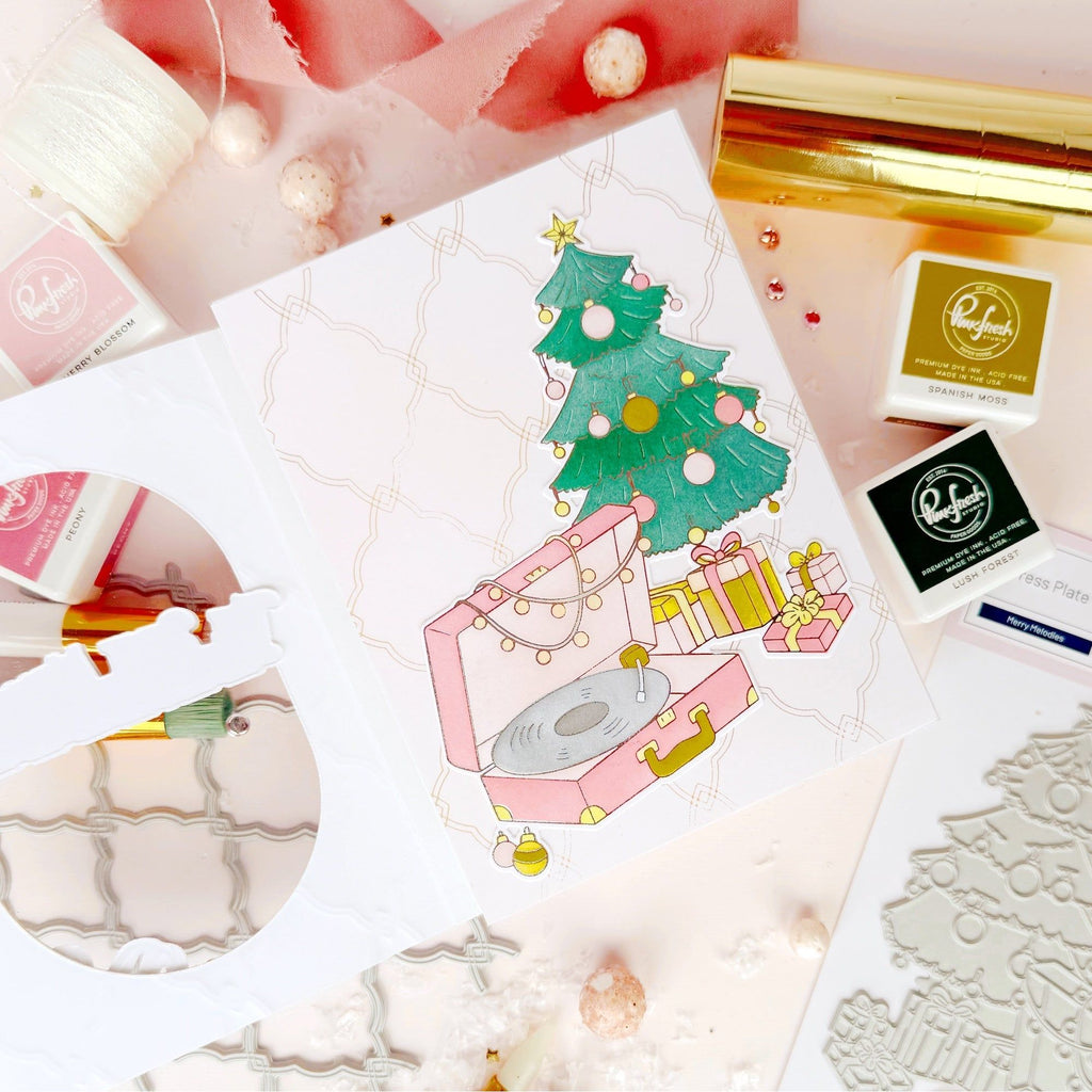 Pinkfresh Studio Interlaced Quatrefoil Die And Press Plate Bundle Christmas Tree Card