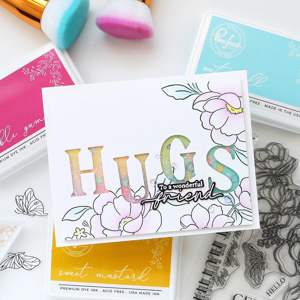 Pinkfresh Studio Jody Uppercase Alpha Dies 266925 Hugs To A Wonderful Friend Card