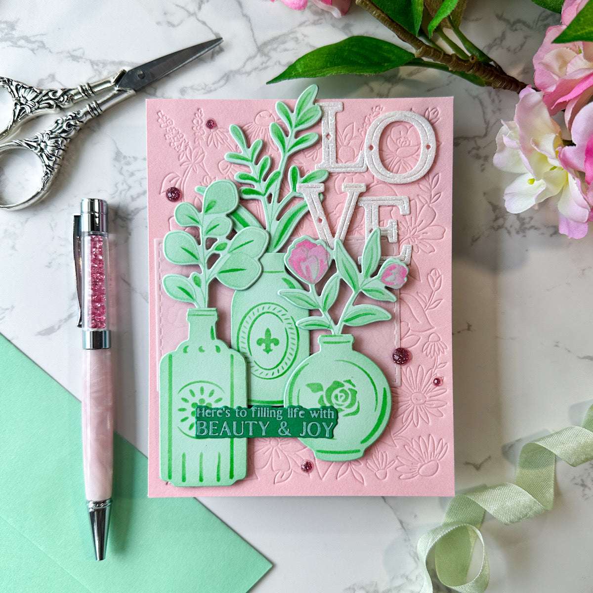Pinkfresh Studio Keepsakes Of The Heart Stamps Dies Stencils And Press Plates Bundle Floral Love Card