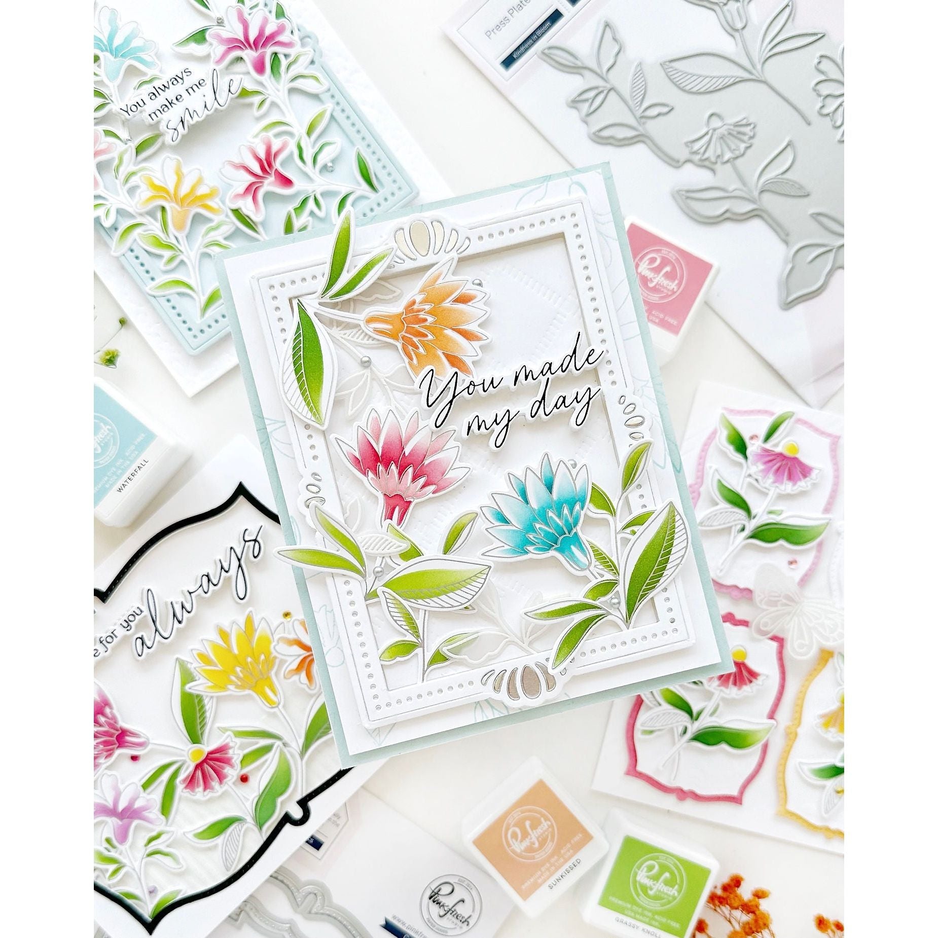 Pinkfresh Studio Kindness In Bloom Stamps Die Stencils And Press Plate Bundle You Made My Day Card | color-code:ALT02