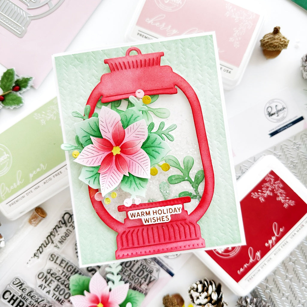 Pinkfresh Studio Lantern Landscapes Dies And Stencils Bundle Warm Holiday Wishes Card