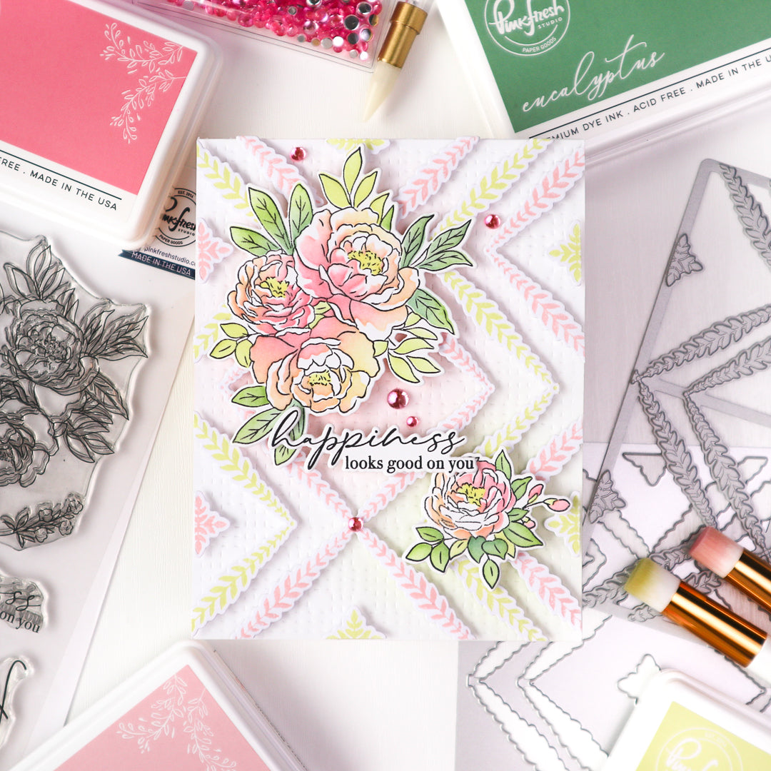 Pinkfresh Studio Leafy Lattice Die And Press Plate Bundle Happiness Looks Good On You Card