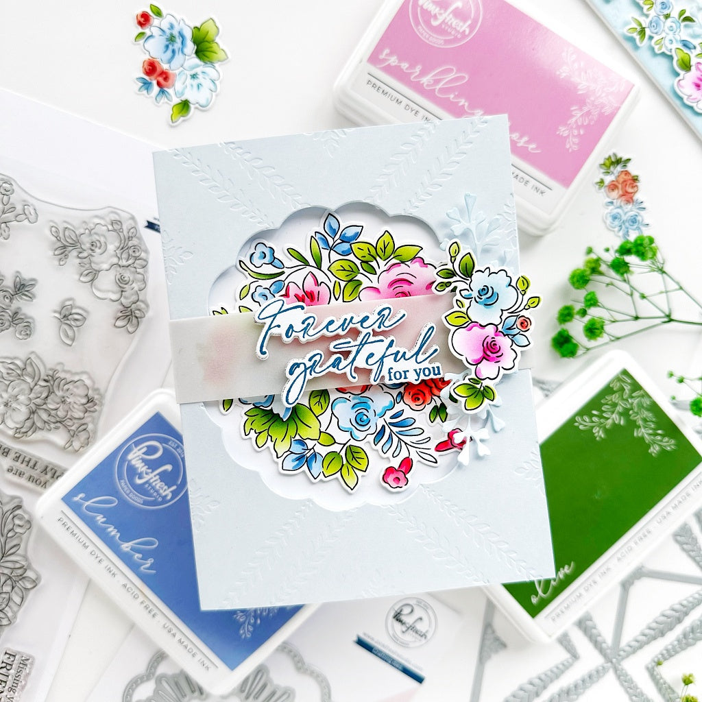 Pinkfresh Studio Leafy Lattice Press Plate 272025 Forever Grateful For You Card