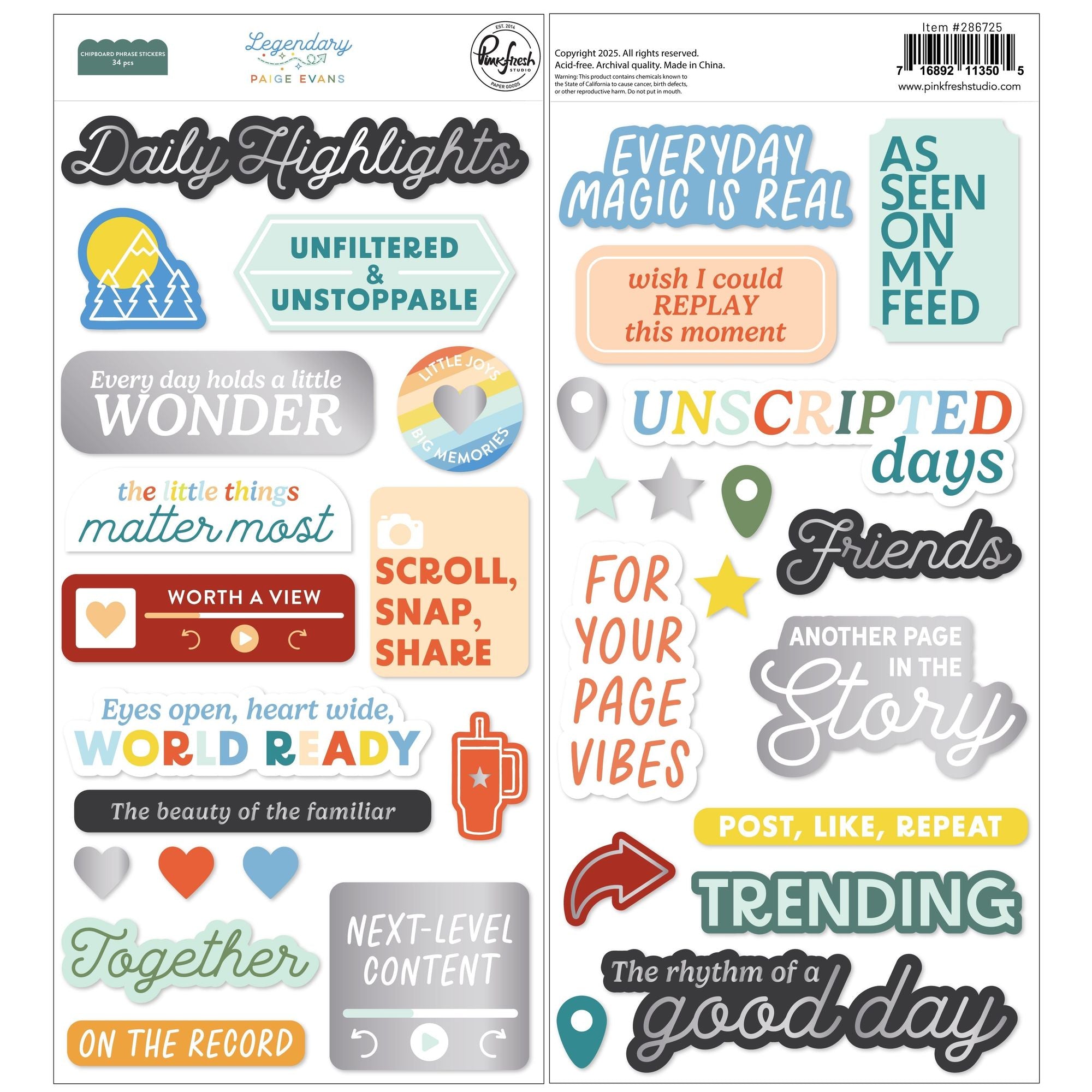 Pinkfresh Studio Legendary Chipboard Phrase Stickers 286725