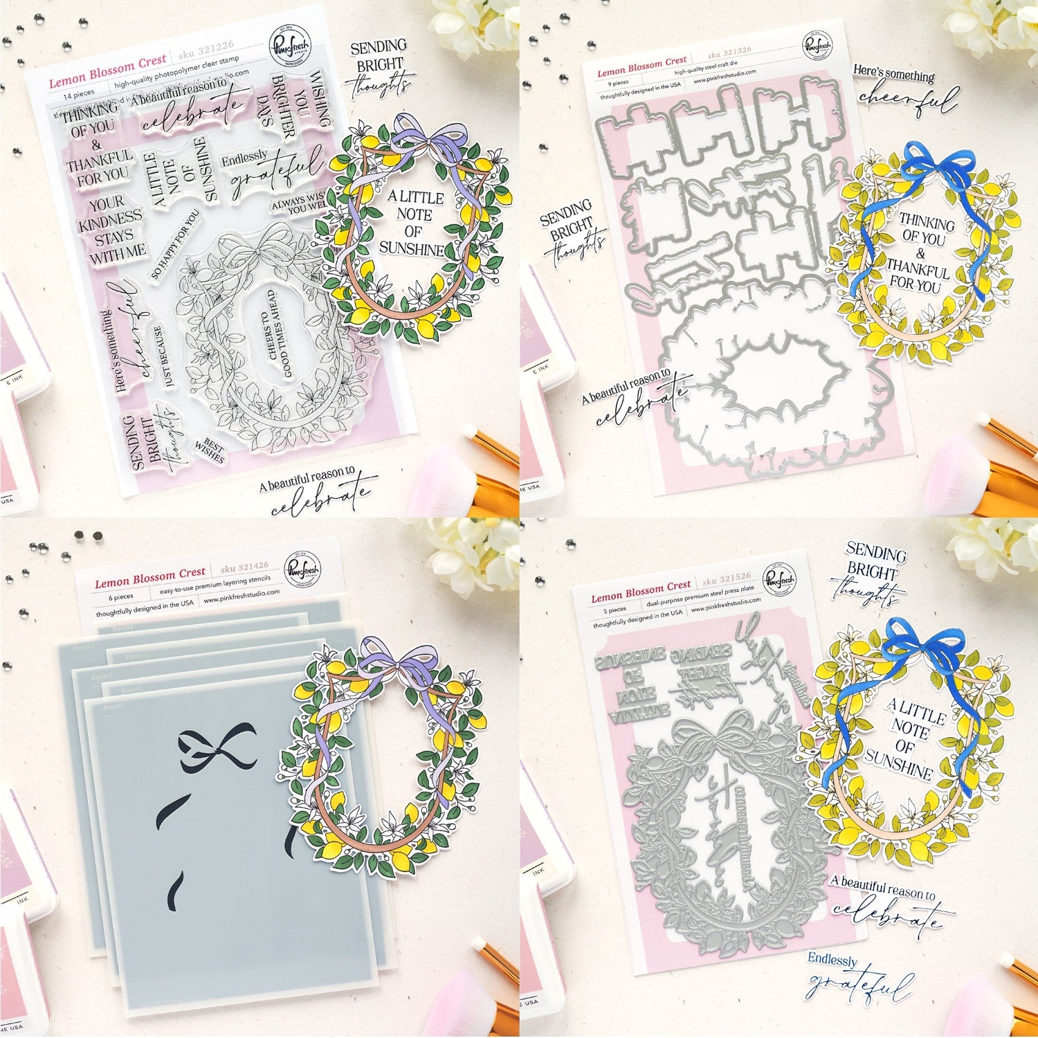 Pinkfresh Studio Lemon Blossom Crest Clear Stamps Dies Stencils And Press Plates Bundle