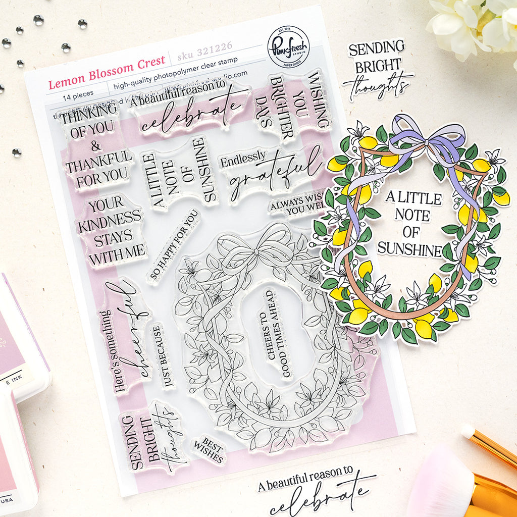 Pinkfresh Studio Lemon Blossom Crest Clear Stamps Dies Stencils And Press Plates Bundle 321226 photopolymer set