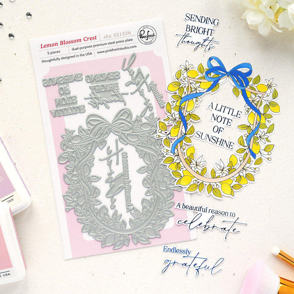 Pinkfresh Studio Lemon Blossom Crest Clear Stamps Dies Stencils And Press Plates Bundle 321526 foiling and letterpress set