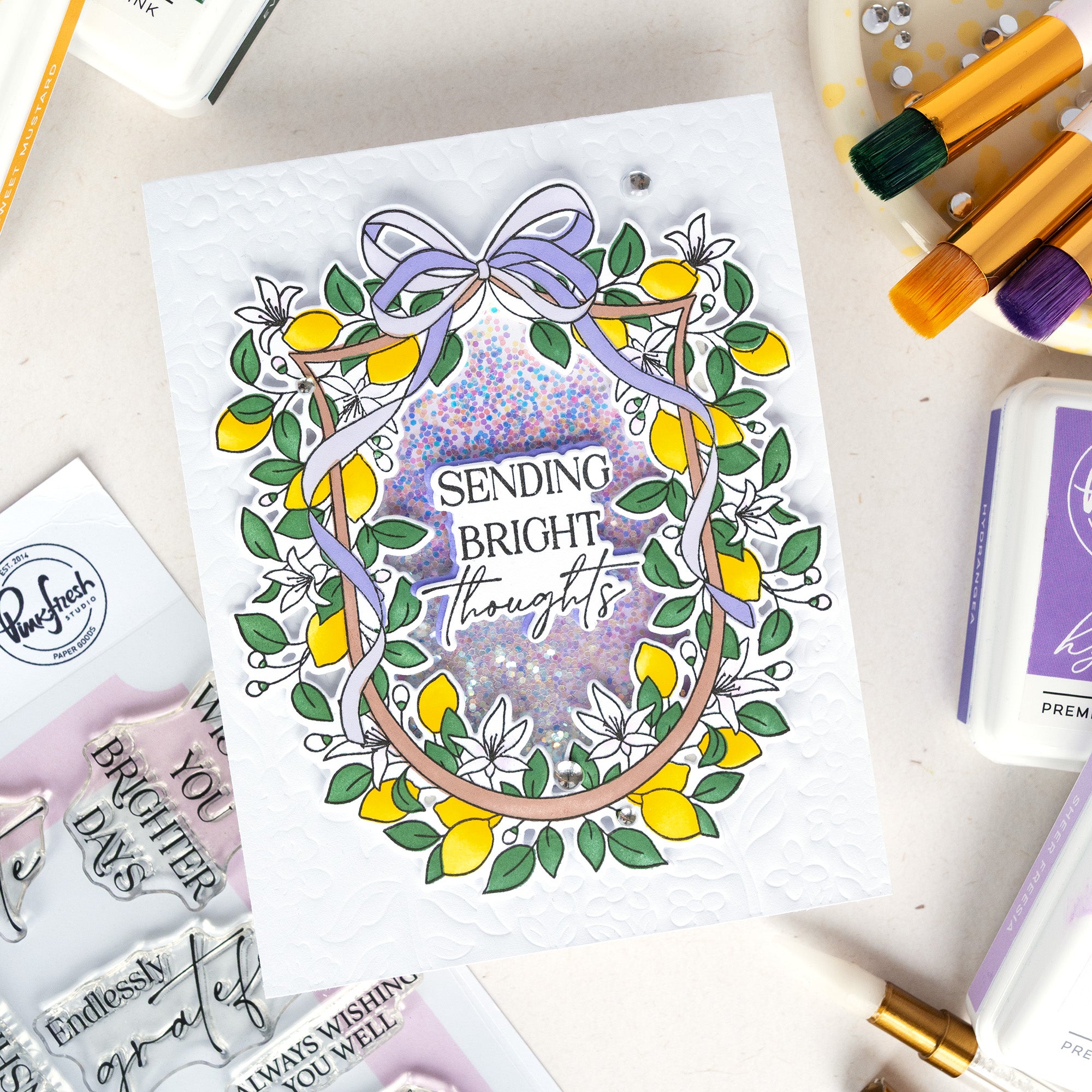 Pinkfresh Studio Lemon Blossom Crest Clear Stamps Dies Stencils And Press Plates Bundle Kathleen Sending Bright Thoughts Card