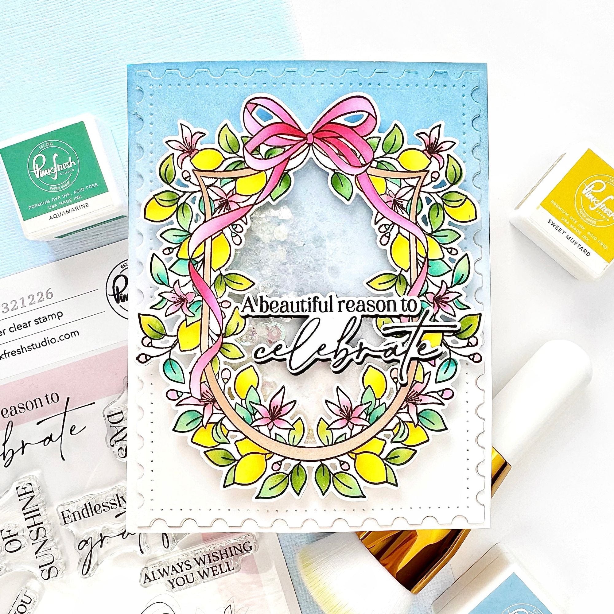 Pinkfresh Studio Lemon Blossom Crest Dies 321326 Beautiful Reason To Celebrate Card