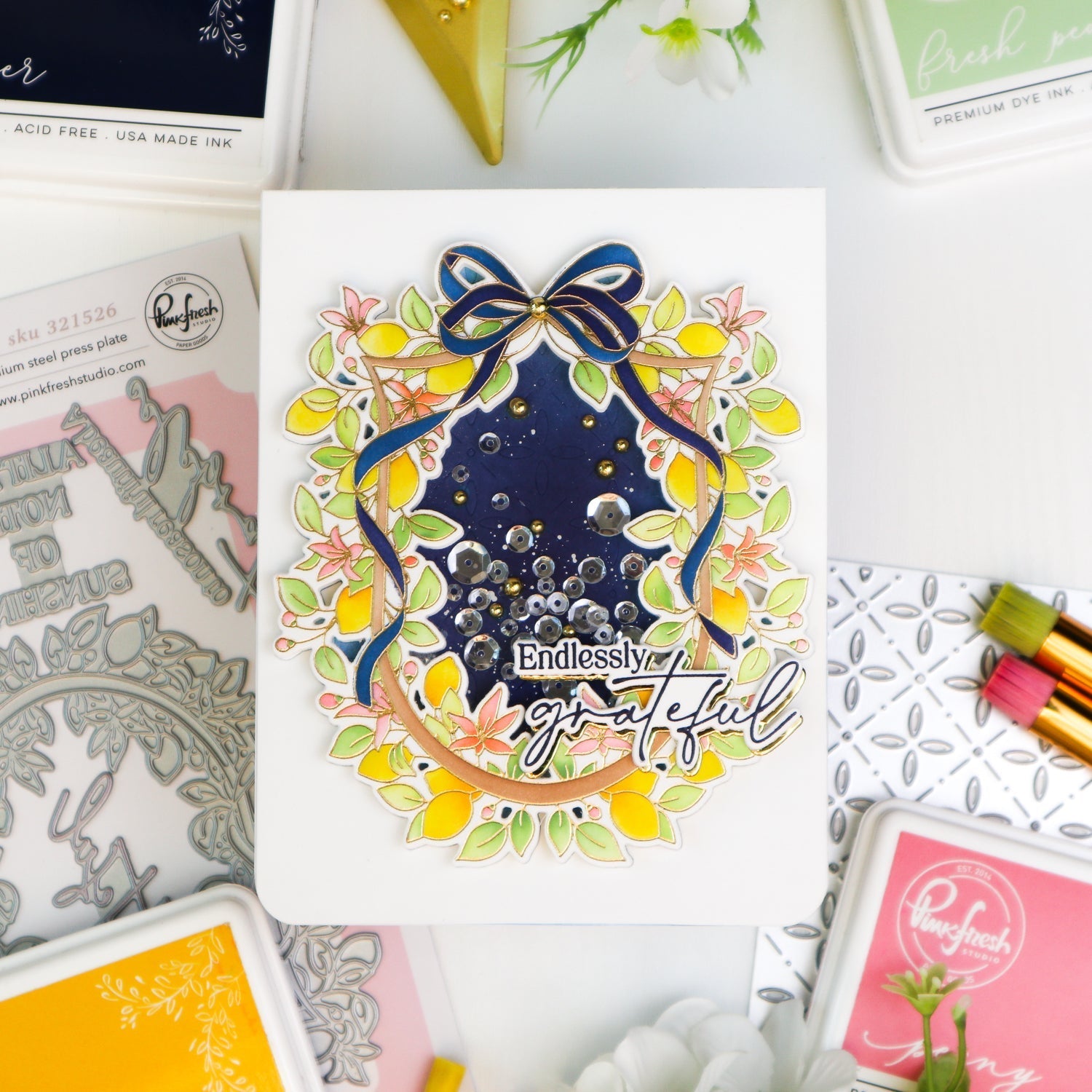 Pinkfresh Studio Lemon Blossom Crest Dies 321326 Endlessly Grateful Card