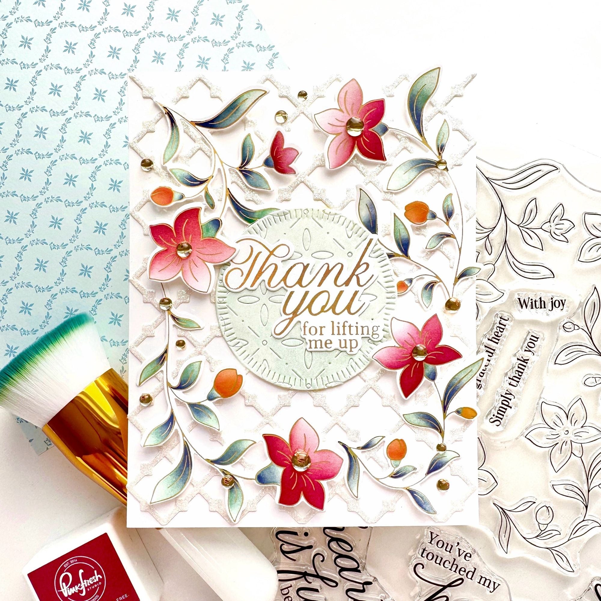 Pinkfresh Studio Lush Elegance Stencils 307425 Steph Thank you for lifting me up card