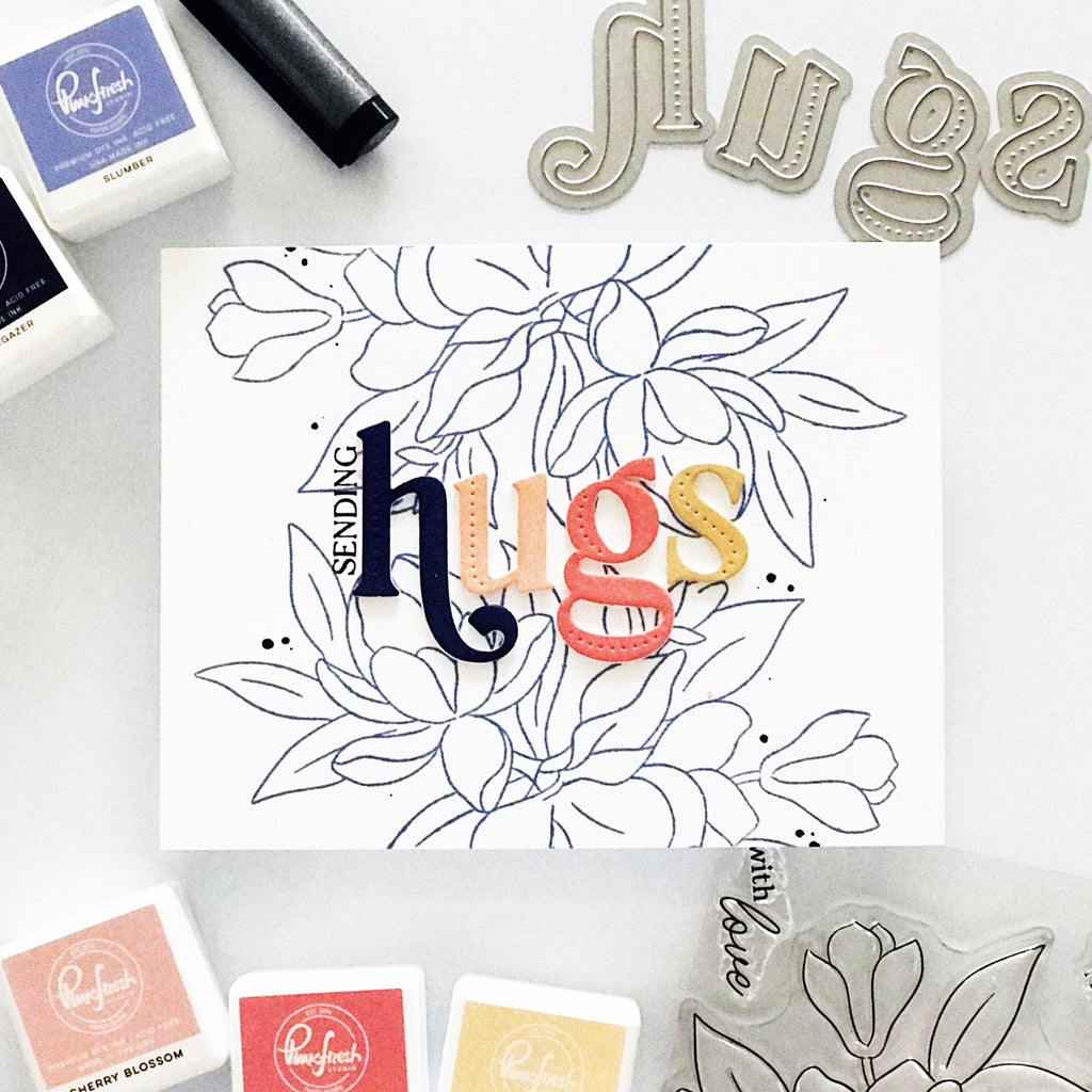 Pinkfresh Studio Magnificent Magnolia Stamps Dies Stencils And Press Plates Bundle Sending Hugs Card