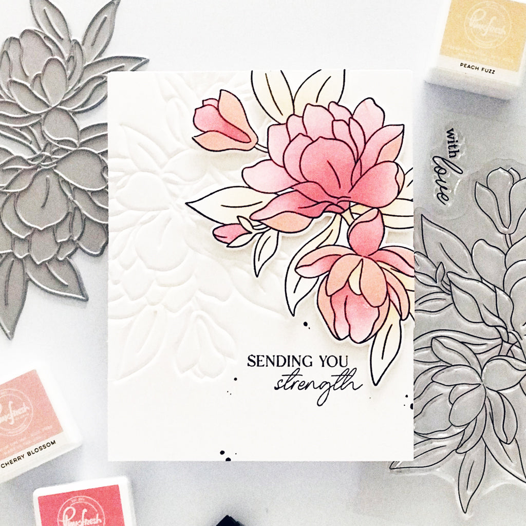 Pinkfresh Studio Magnificent Magnolia Stamps Dies Stencils And Press Plates Bundle Sending You Strength Card