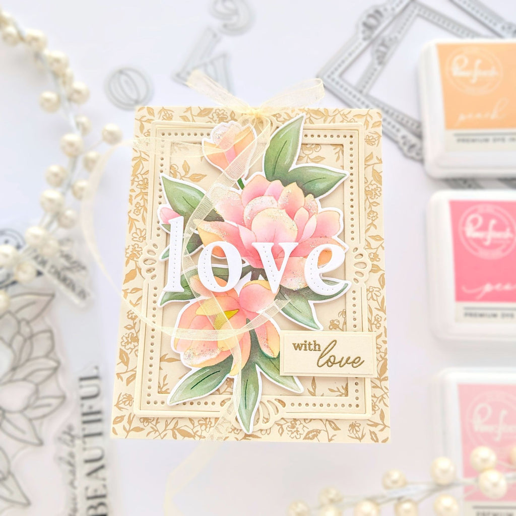 Pinkfresh Studio Magnificent Magnolia Stamps Dies Stencils And Press Plates Bundle With Love Card