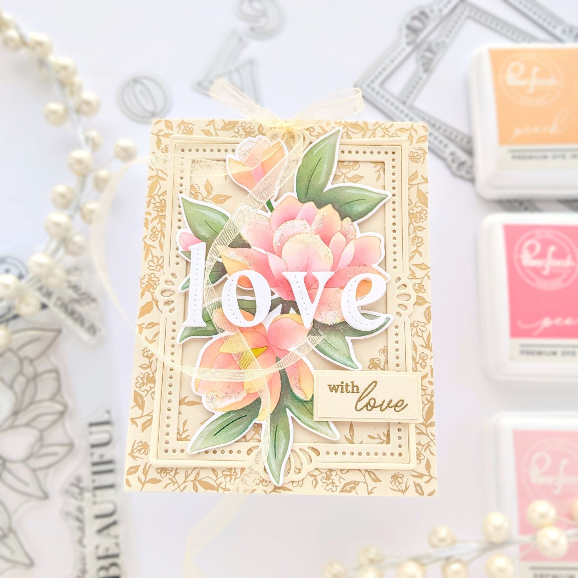 Pinkfresh Studio Magnificent Magnolia Stamps Dies Stencils And Press Plates Bundle With Love Card