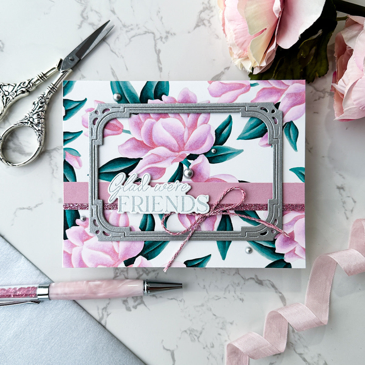 Pinkfresh Studio Magnificent Magnolia Stencils 265925 Floral Friendship Card