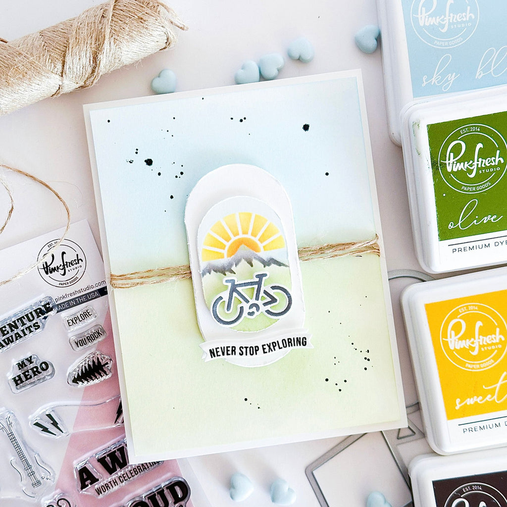 Pinkfresh Studio Mark The Moment Stencils 283825 Never Stop Exploring Bicycle Card