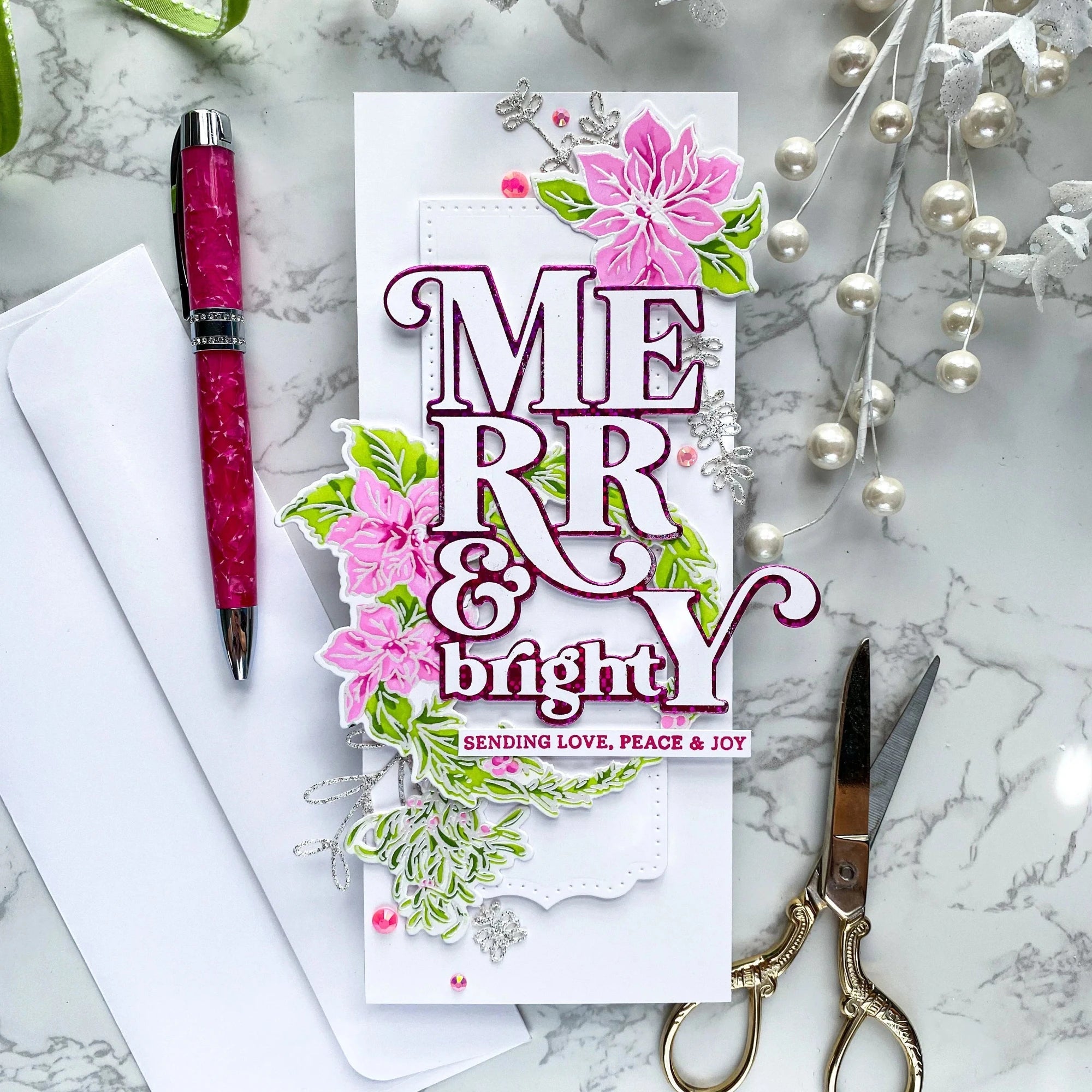 Pinkfresh Studio Merry And Bright Die And Hot Foil Plate Bundle Sending Love Peace and Joy Card