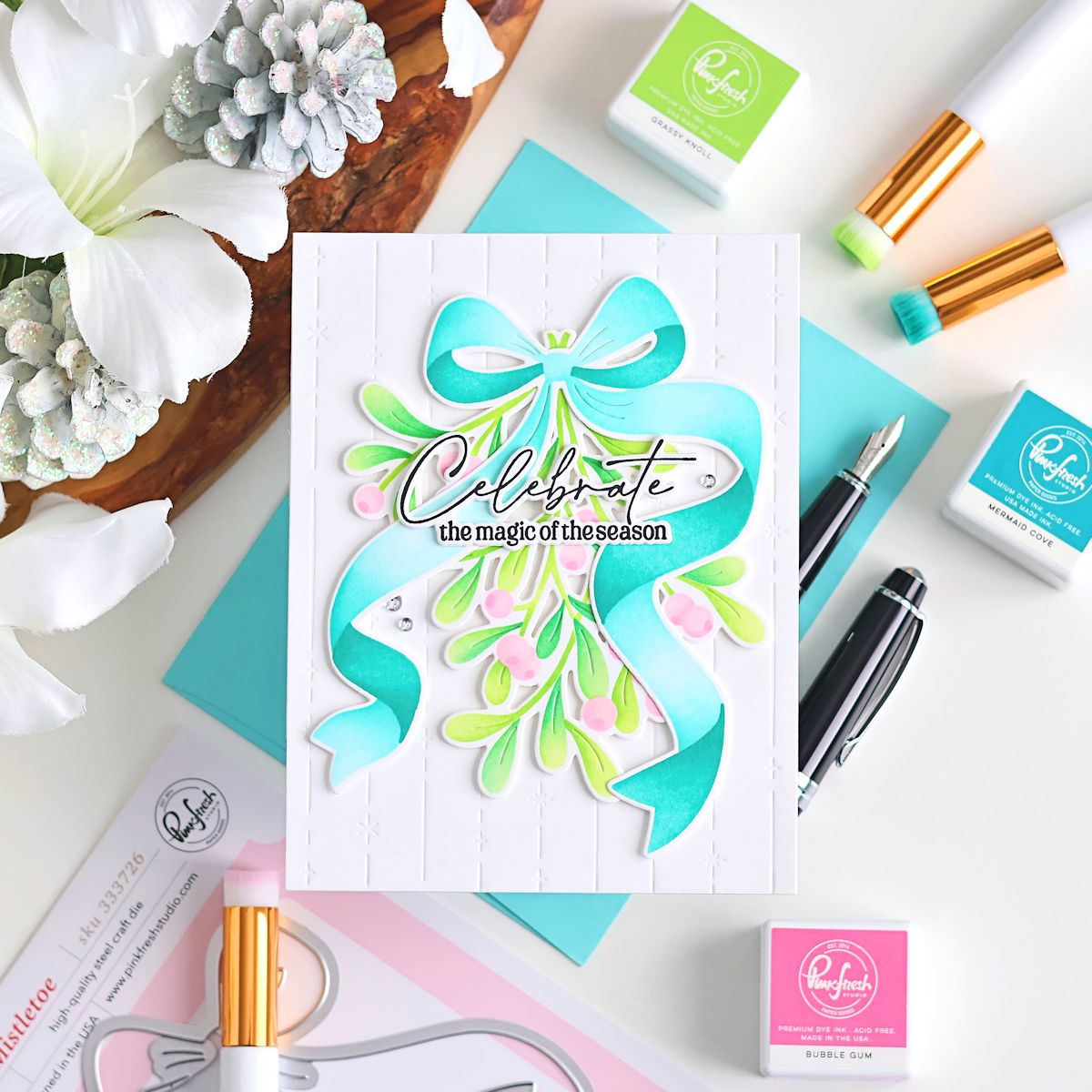 Pinkfresh Studio Merry Mistletoe Dies And Stencils Bundle Pink Christmas Celebrate The Magic Card