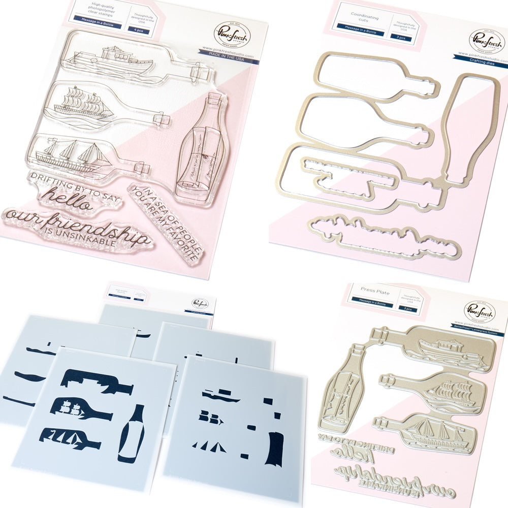 Pinkfresh Studio Message In A Bottle Stamps Dies Stencils And Press Plates Bundle