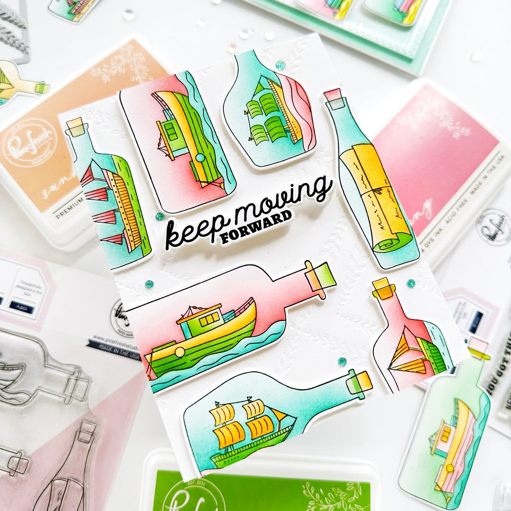 Pinkfresh Studio Message In A Bottle Stamps Dies Stencils And Press Plates Bundle Keep Moving Forward