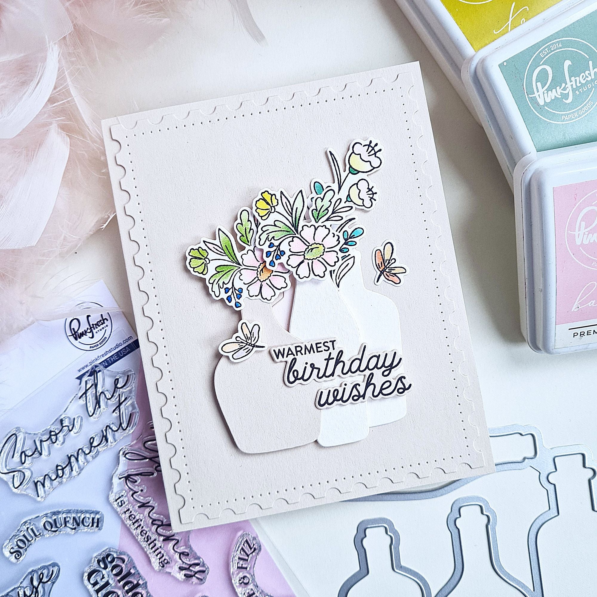 Pinkfresh Studio Message In A Bottle Stamps Dies Stencils And Press Plates Bundle Warmest Birthday Wishes