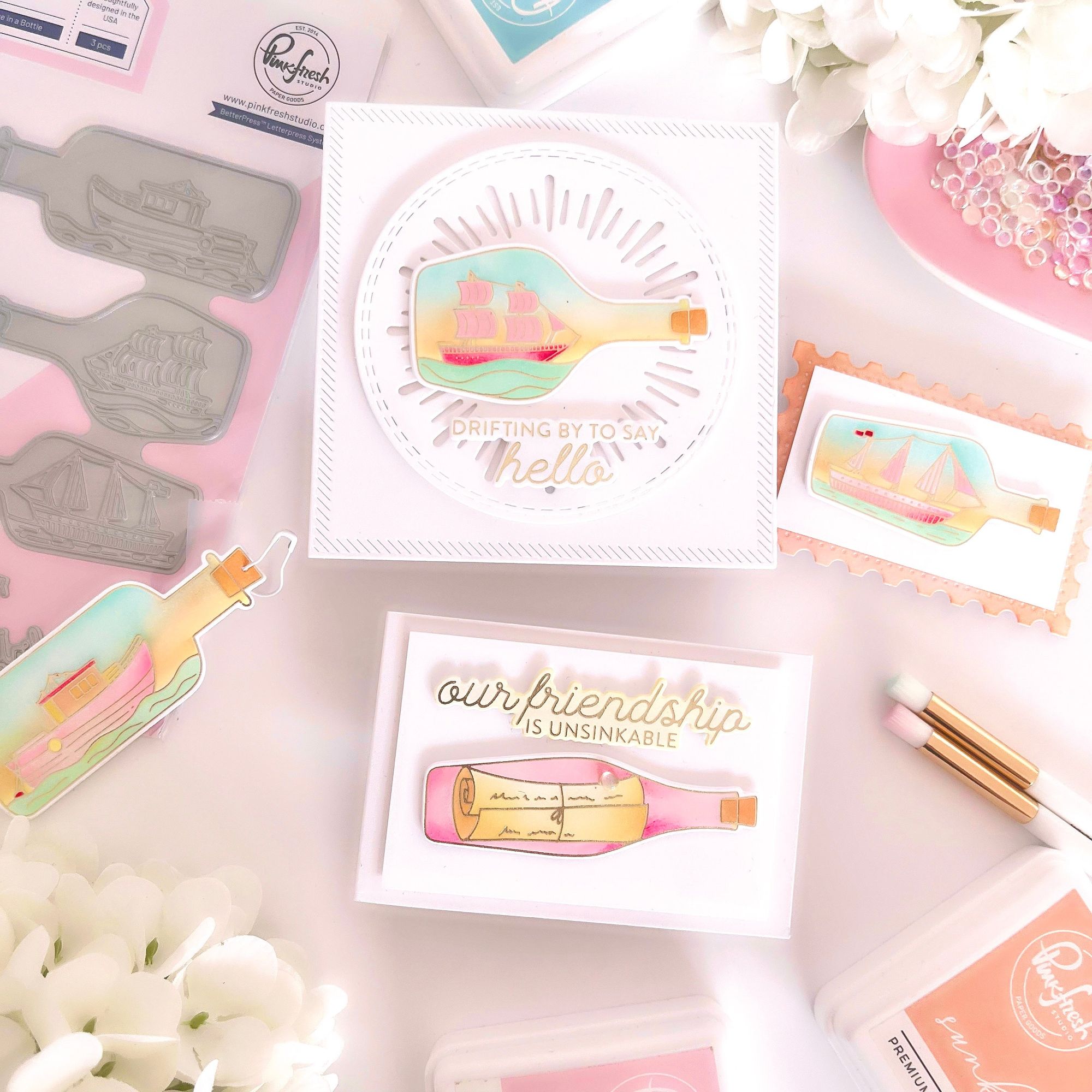 Pinkfresh Studio Message In a Bottle Stencils 283025 Nautical Friendship Cards