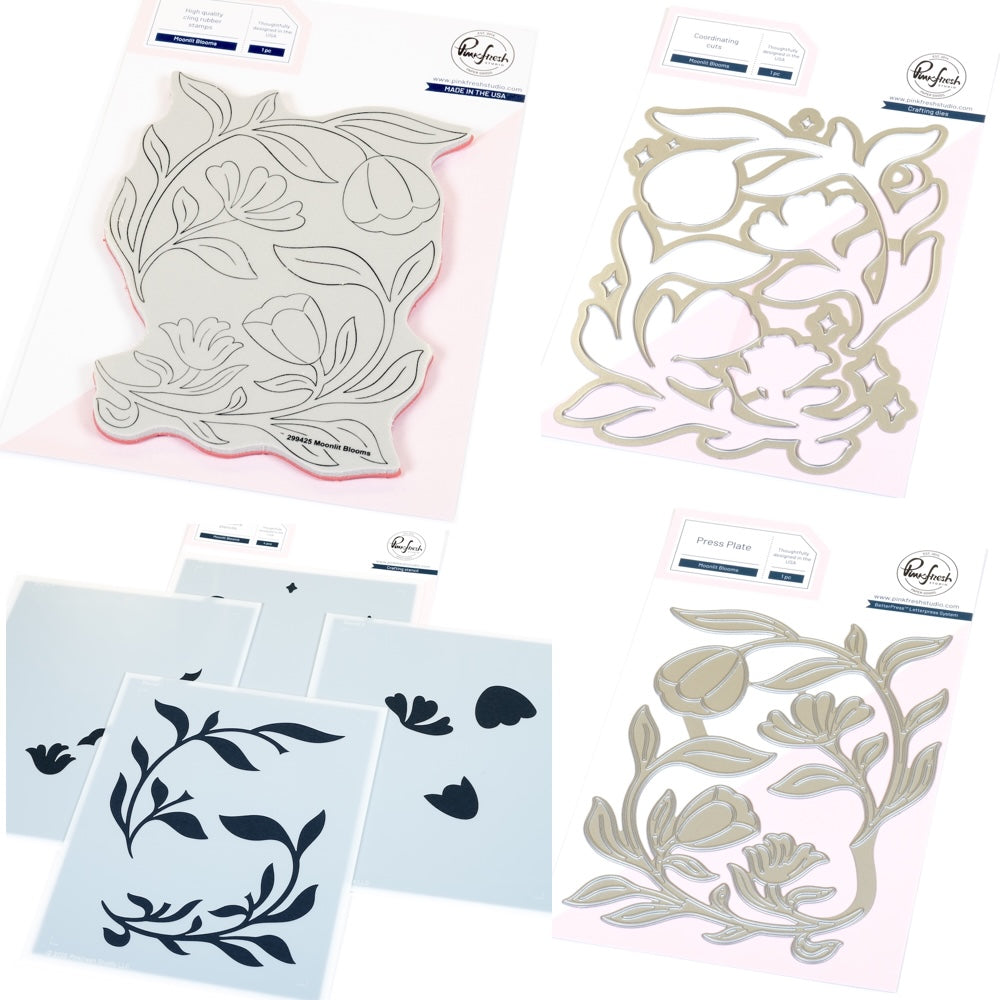 Pinkfresh Studio Moonlit Blooms Stamp Die Stencils And Press Plate Bundle