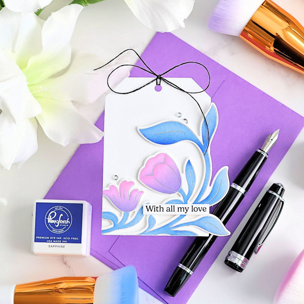 Pinkfresh Studio Moonlit Blooms Stamp Die Stencils And Press Plate Bundle Will All My Love Card