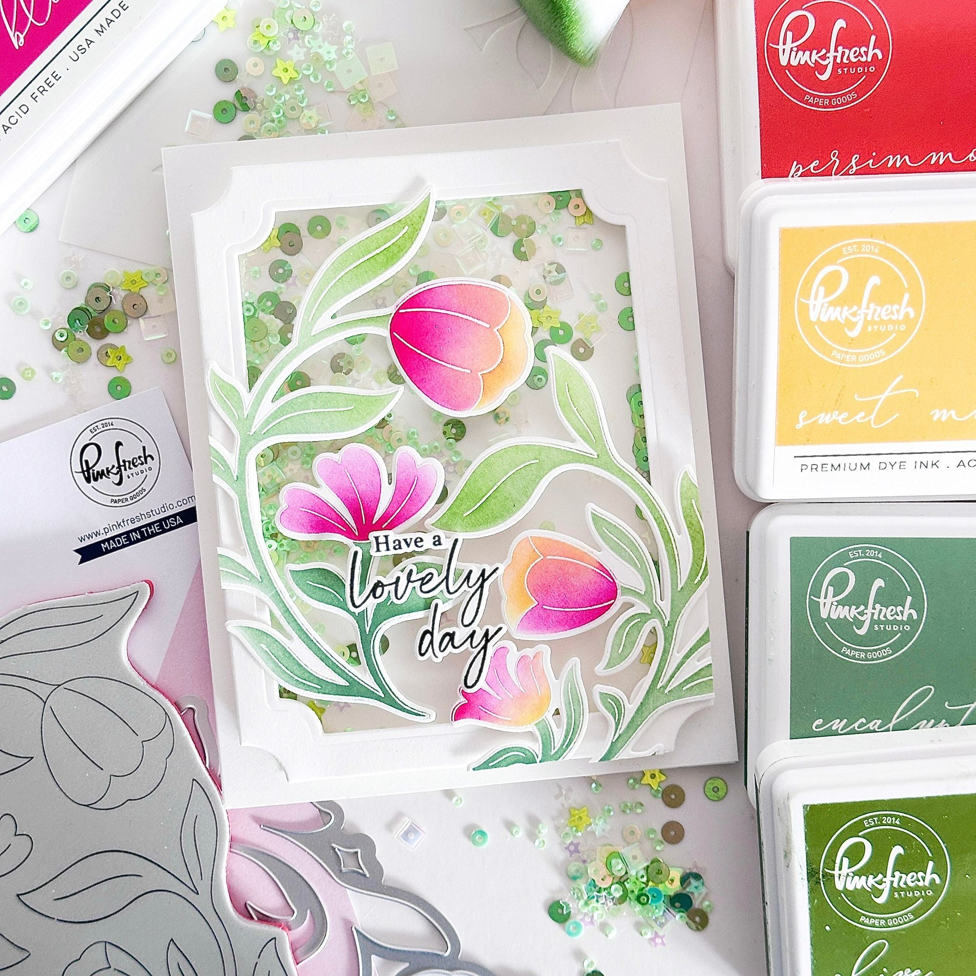 Pinkfresh Studio Moonlit Blooms Stencils 299625 Have A Lovely Day Card