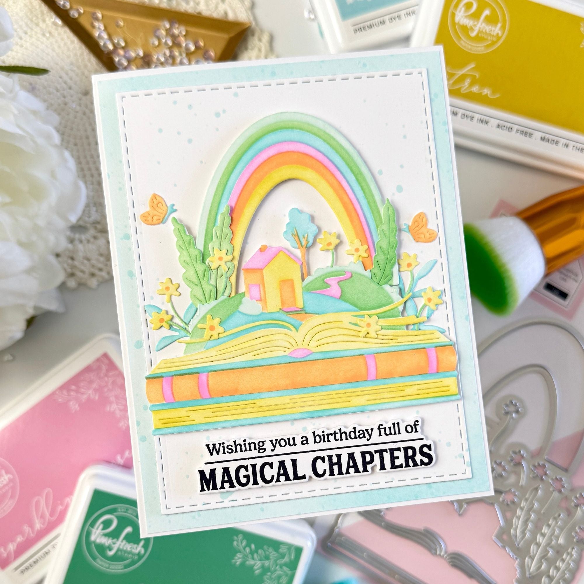 Pinkfresh Studio Nature's Narrative Die And Stencils Bundle Wishing You A Birthday Full Of Magical Chapters Card