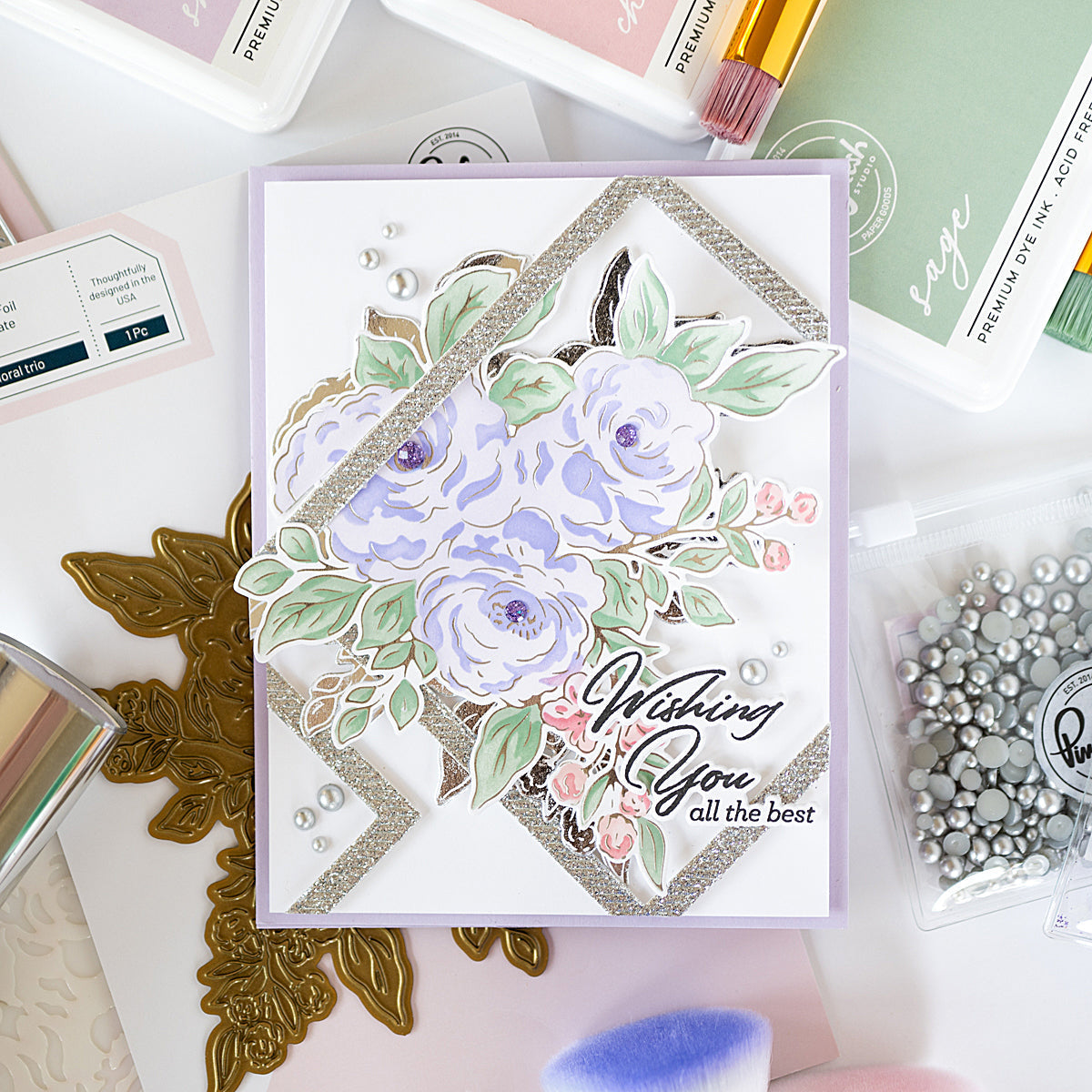 Pinkfresh Studio Nested Squares Diagonal Stitch Dies pf170es Wishing You The Best Card
